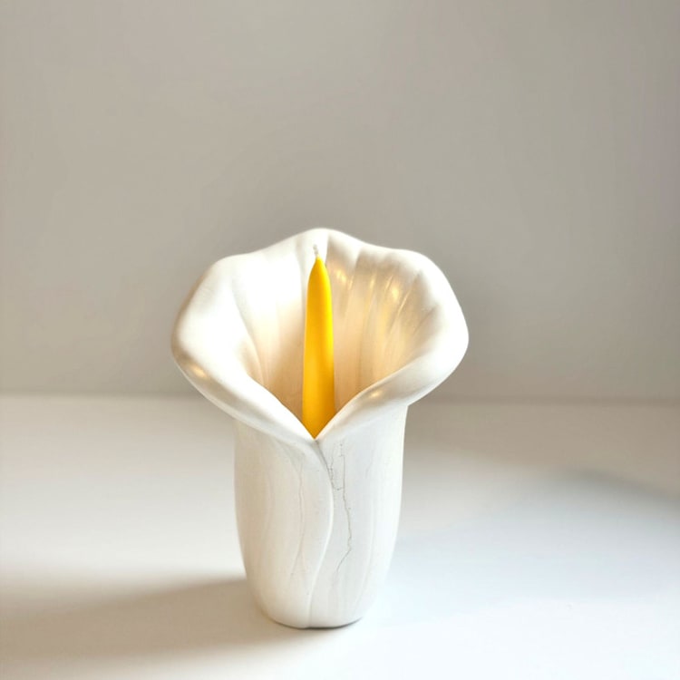 "White Calla Lily Candle Holder With Yellow Taper" - Candles and Holders in white by Over By The Moon