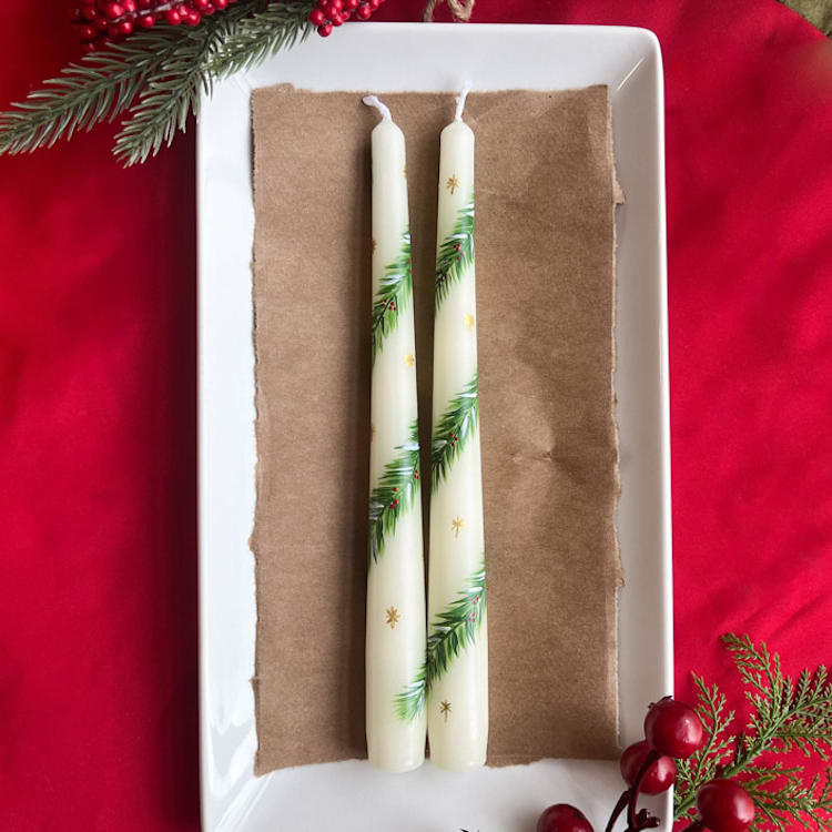 "Set of Two Christmas Pine Garland Taper Candles" - Candles and Holders in beige by Emily de Moraes