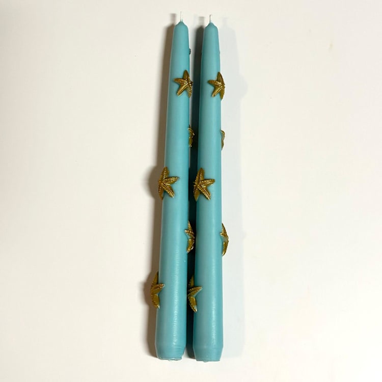 "Blue And Gold Star Taper Set" - Candles and Holders in multicolor by Over By The Moon