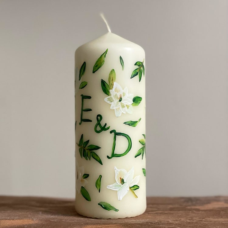 "Monogrammed Ivory with Magnolia and Greenery Hand-Painted 6” Pillar Candle, Set of 1" - Candles and Holders in beige by Ashley Myers