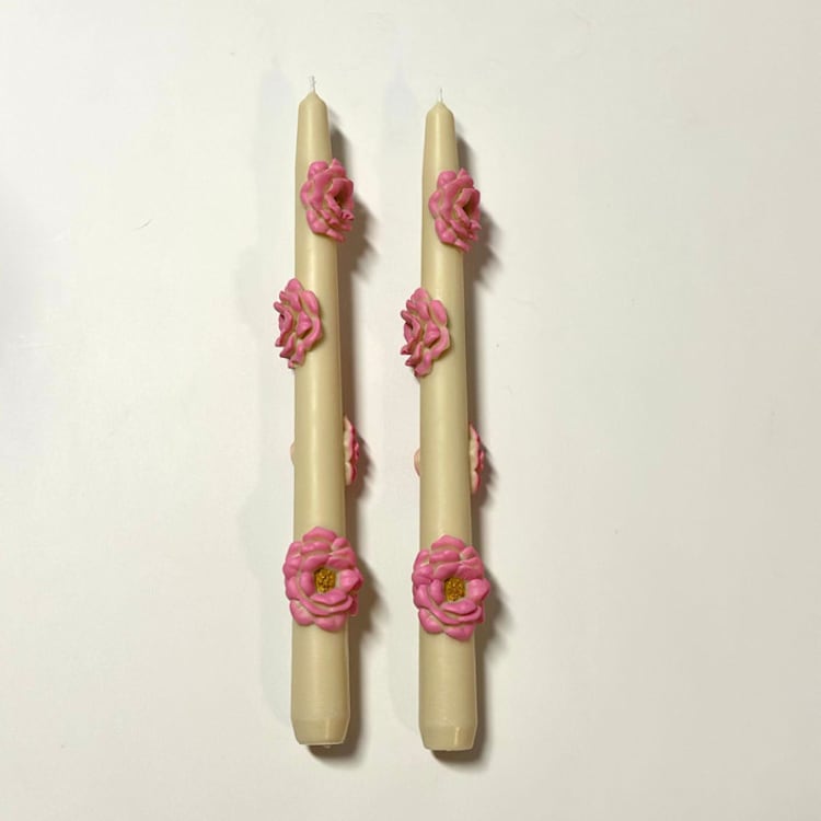 "Beige And Pink Camellia Blossom Tapers" - Candles and Holders in multicolor by Over By The Moon
