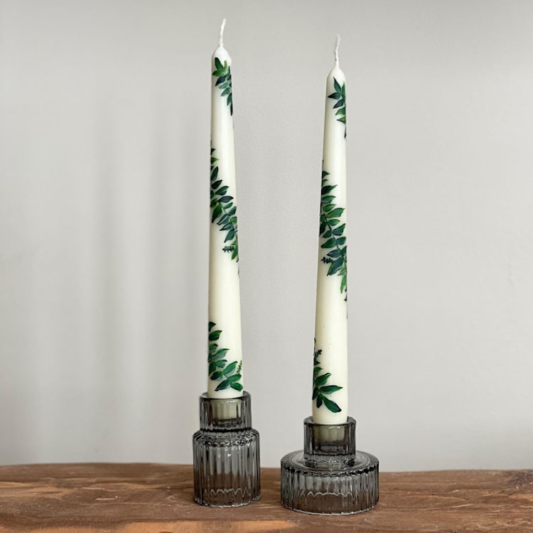 "Ivory with Greenery Hand-Painted Taper Candles, Set of 2" - Candles and Holders in beige by Ashley Myers