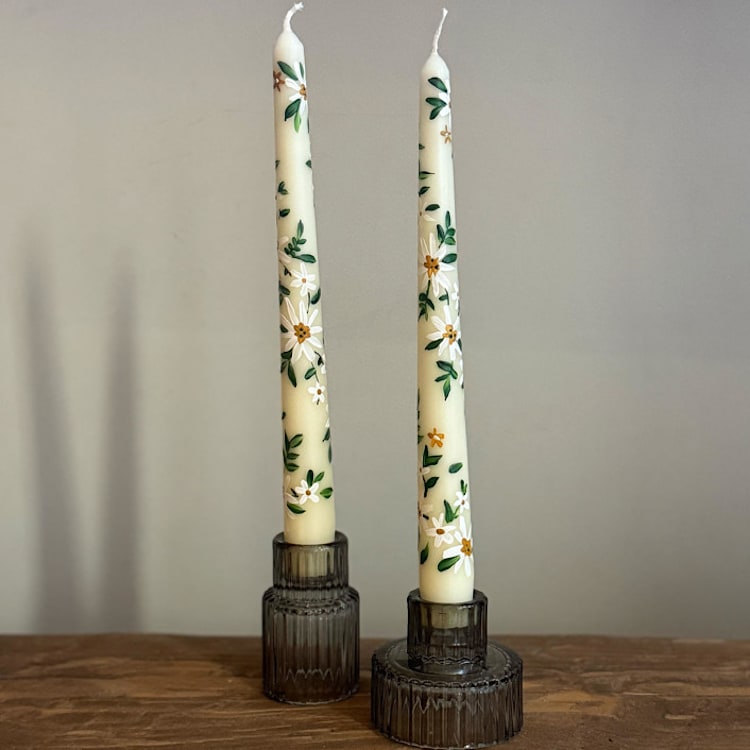 "Ivory with Daisy Chain Hand-Painted Taper Candles, Set of 2" - Candles and Holders in natural by Ashley Myers