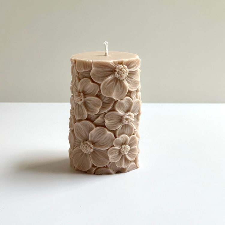 "Beige Floral Pillar" - Candles and Holders in beige by Over By The Moon