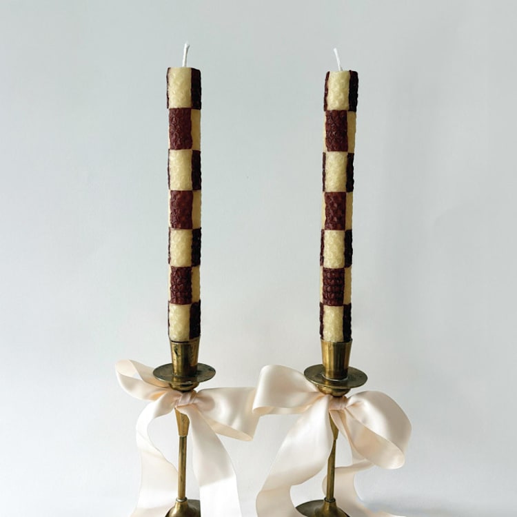 "Checkered Taper Candles (brown & beige)" - Candles and Holders in brown by Annie Shapiro