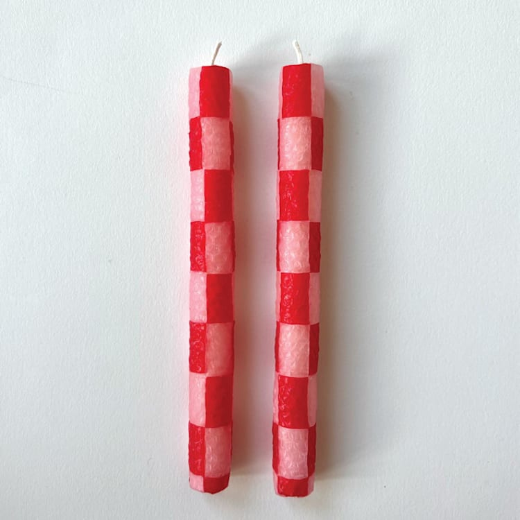 "Red and Pink Checkered Candles" - Candles and Holders in pink by Annie Shapiro