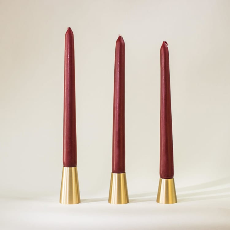 "Conical Candlestick - Set of 3" - Candles and Holders in brass by Roarcraft