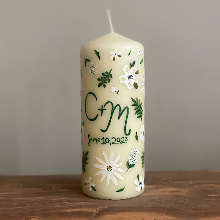 "Monogrammed Ivory with Greenery and White Floral Hand-Painted 6” Pillar Candle, Set of 1" - Candles and Holders in beige by Ashley Myers