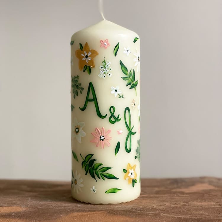 "Monogrammed Ivory with Greenery and Pastel Floral Hand-Painted 6” Pillar Candle, Set of 1" - Candles and Holders in beige by Ashley Myers