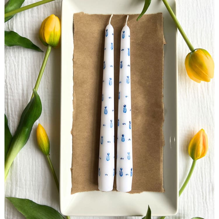 "Set of 2 Delft Tulip Hand-Painted Taper Candles" - Candles and Holders in white by Emily de Moraes