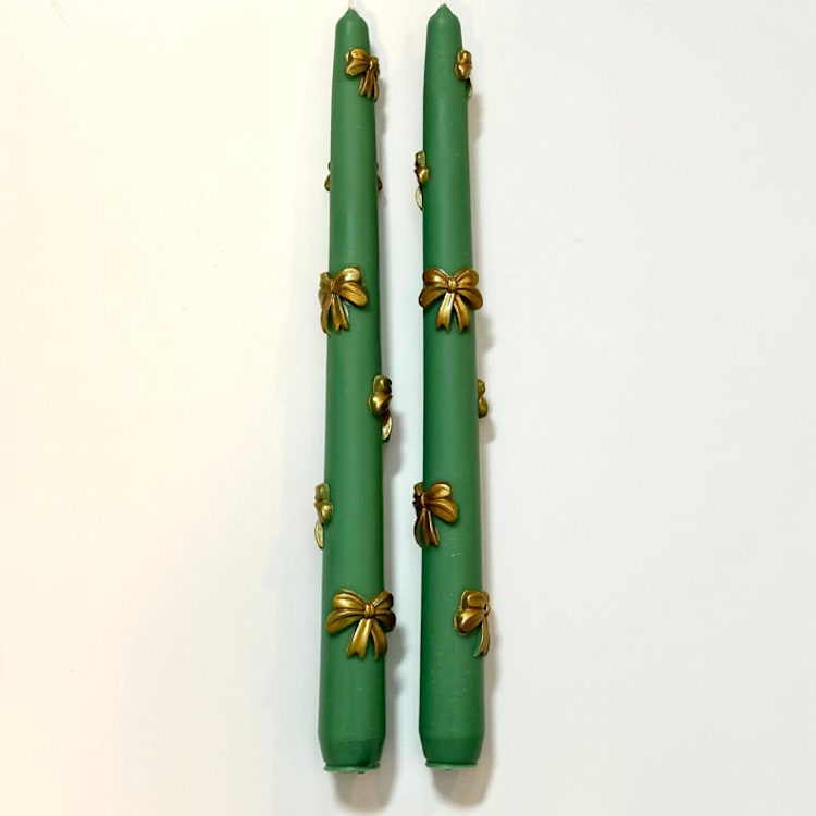 "Green And Gold Ribbons Taper Set" - Candles and Holders in multicolor by Over By The Moon