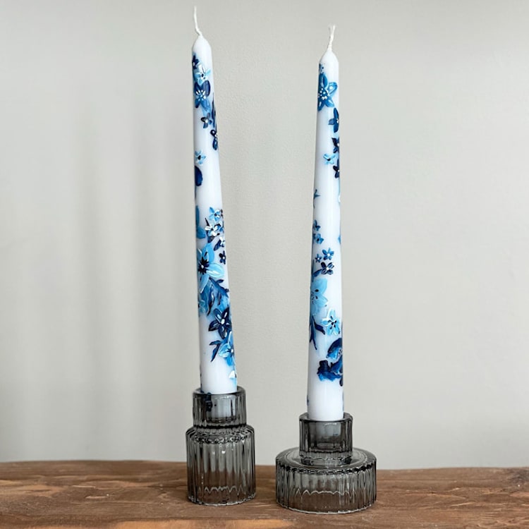 "Blue and White Chinoiserie Hand-Painted Taper Candles, Set of 2" - Candles and Holders in white by Ashley Myers