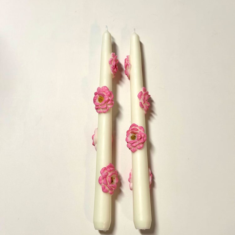 "White and Pink Camellia Blossom Tapers" - Candles and Holders in multicolor by Over By The Moon