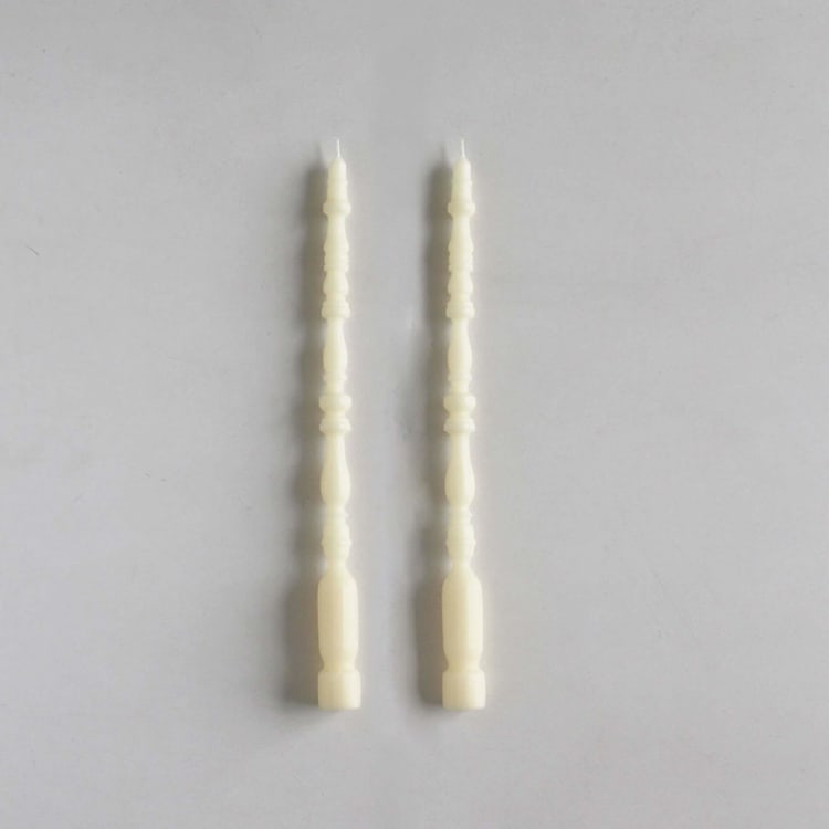 "SET OF 2 - SPINDLE LEG TAPERS // CATHEDRAL" - Candles and Holders in white by borrowed BLU