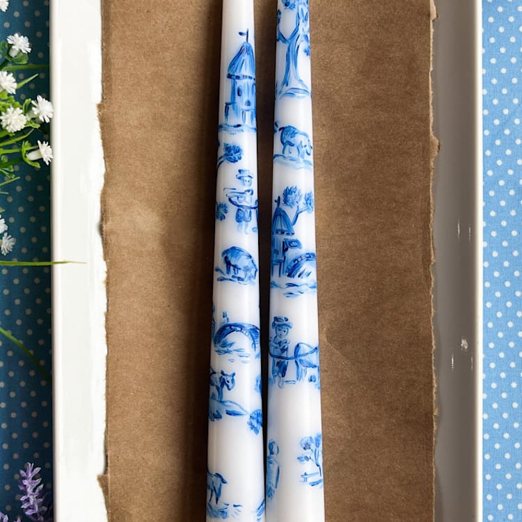 "Set of Two French Toile Taper Candles" - Candles and Holders in white by Emily de Moraes