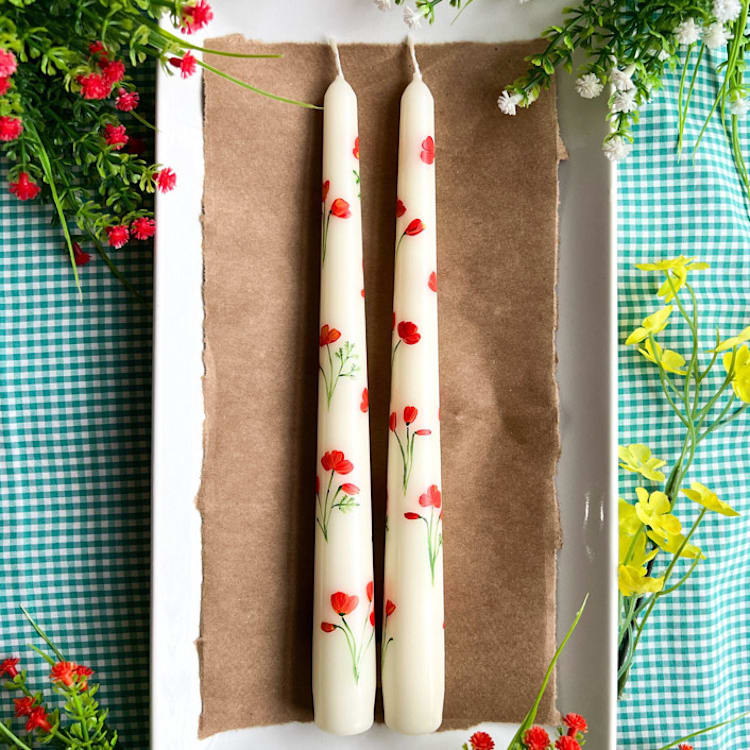 "Set of 2 California Poppy Hand-Painted Taper Candles" - Candles and Holders in beige by Emily de Moraes