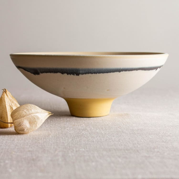 "Glazed Yellow Porcelain Vessel with manganese Lines 5" - Decorative Object in yellow by Lisa Fleming