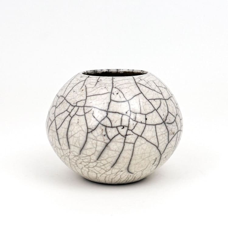 "Raku-fired White Crackle Vessel / 027" - Decorative Object in white by Emily Cheung Ceramics
