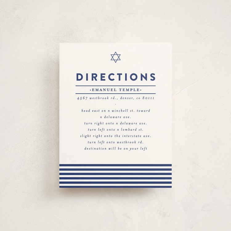 "Classic Stripes" - Mitzvah Direction Cards in Ocean by Melissa Egan of Pistols - Front