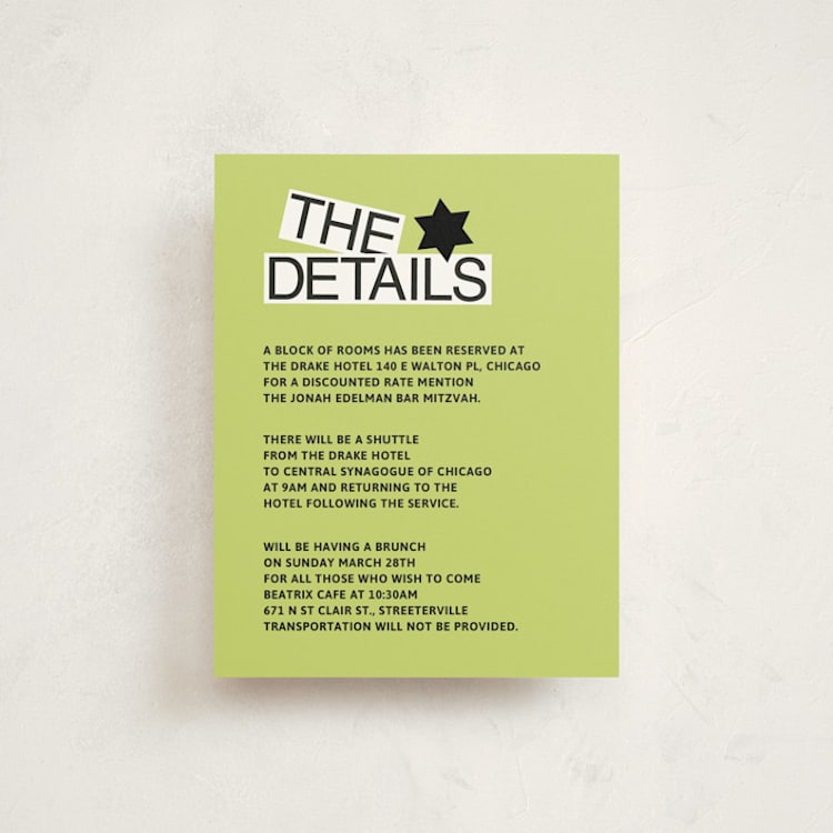 "Decal" - Mitzvah Direction Cards in Lime by Inkblot Design - Front