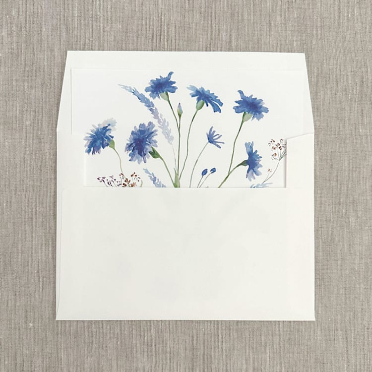 "Blue wildflowers straight flap envelope liner for A7 (5"x7") invitations | Set of 10" - Envelope Liners in blue by Orchid Studio