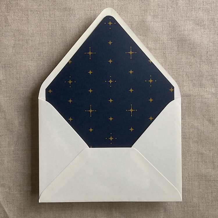 "Gold stars midnight blue envelope liner for A7 euro flap envelope | pack of 10" - Envelope Liners in blue by Ivory Invitations
