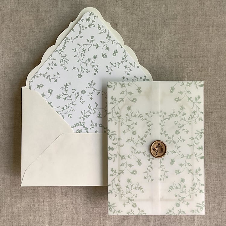 "Sage dainty floral vellum wrap for 5x7 card + liner for A7 euro envelope" - Envelope Liners in green by Ivory Invitations