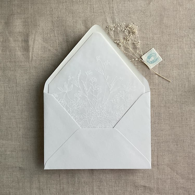 "White Adorable wild floral vellum envelope liner for A7 euro flap envelope | pack of 10" - Envelope Liners in white by Ivory Invitations