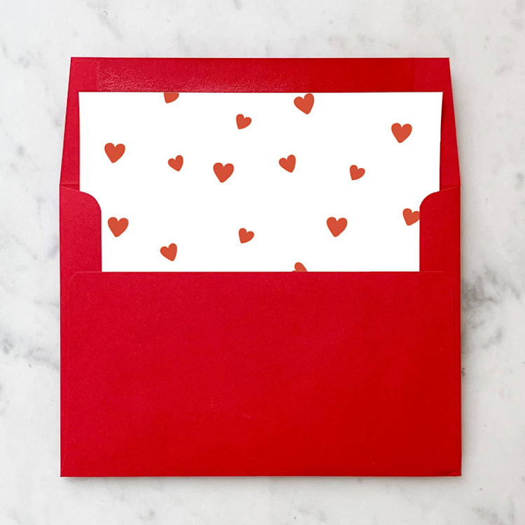 "A7 Envelope Liners Red Cute Hearts Square Flap (set of 10)" - Envelope Liners in red by Design by Laney