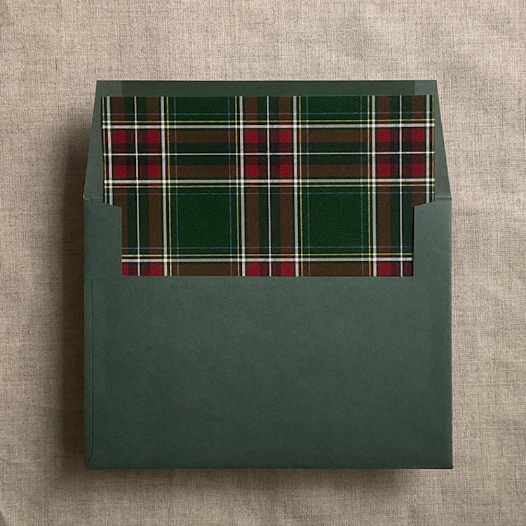 "Holiday green plaid envelope liner for A7 square flap envelope | pack of 10" - Envelope Liners in green by Ivory Invitations