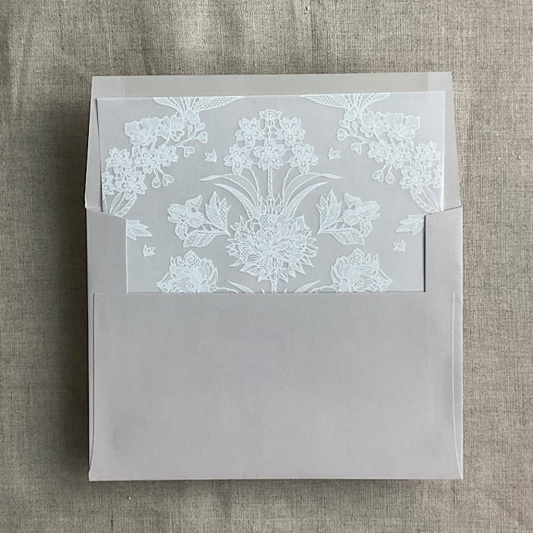 "Venetian lace white ink printed vellum envelope liner for A7 square flap envelope | pack of 10" - Envelope Liners in white by Ivory Invitations