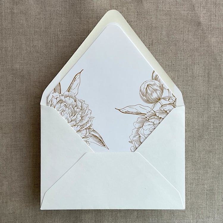 "Gold grand peony vintage floral envelope liner for A7 euro flap envelope | pack of 10" - Envelope Liners in gold by Ivory Invitations