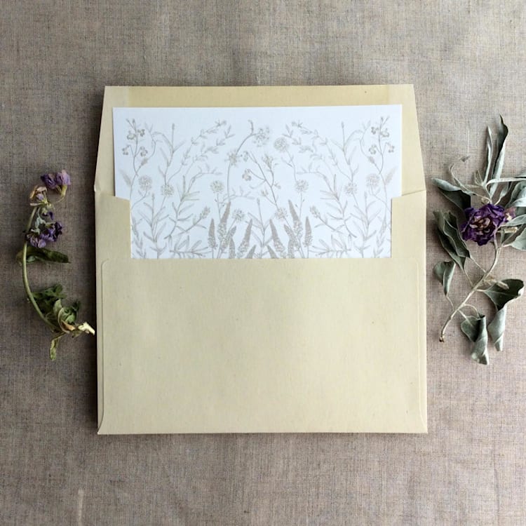 "Oyster English botanical garden floral envelope liner for A7 square flap envelope | pack of 10" - Envelope Liners in gray by Ivory Invitations