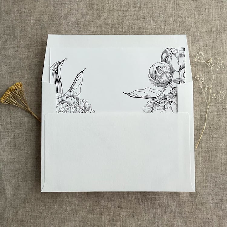 "Black Etched grand peony vintage floral envelope liner for A7 square flap envelope | pack of 10" - Envelope Liners in black by Ivory Invitations