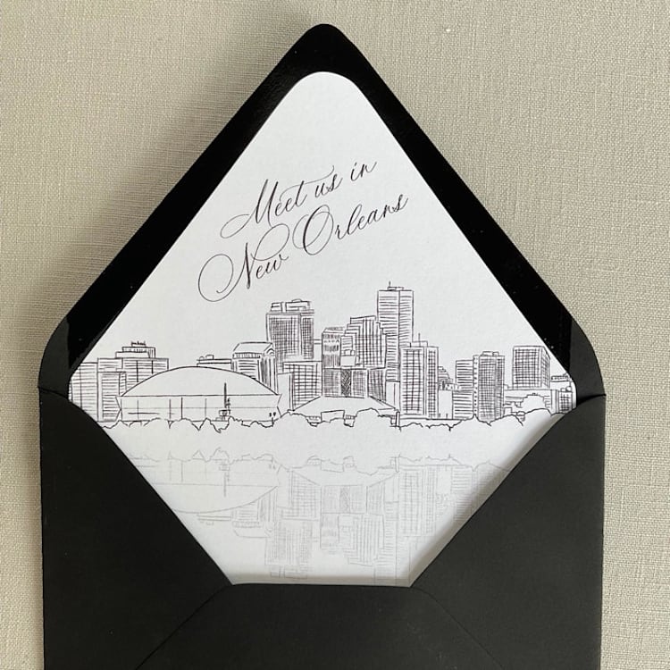 "New Orleans Skyline Envelope Liner with Custom text and print color | Set of 10 | Self Adhesive | For 5x7 Euro Flap Envelope" - Envelope Liners in white by Kimee Meyer