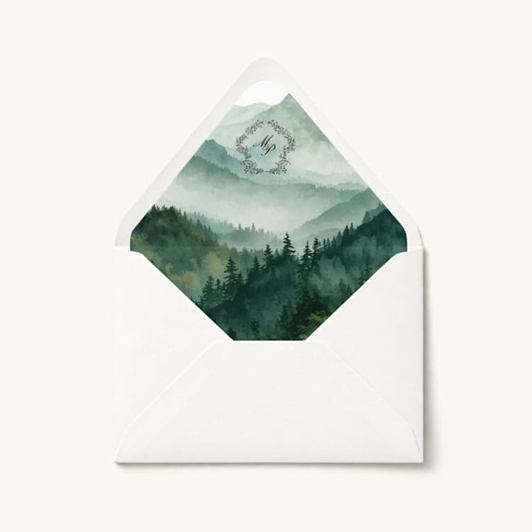 "Monogram Forest Mountain Watercolor Envelope Liner | Set of 10" - Envelope Liners in multicolor by Paper Haven