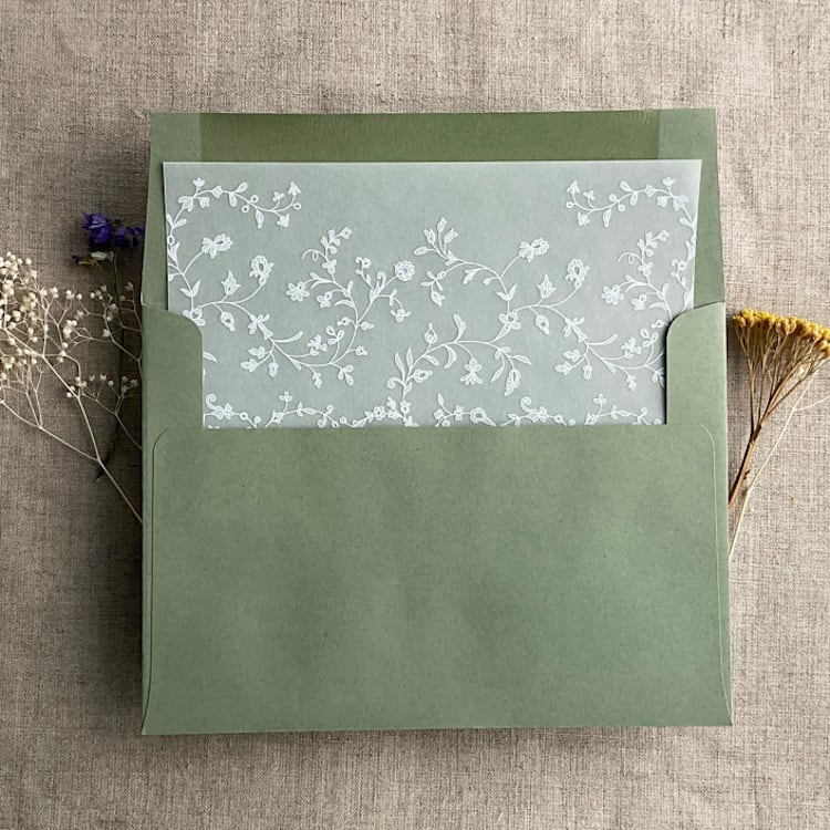 "White ink print dainty floral vines printed vellum liner / insert for A7 square flap envelope" - Envelope Liners in white by Ivory Invitations