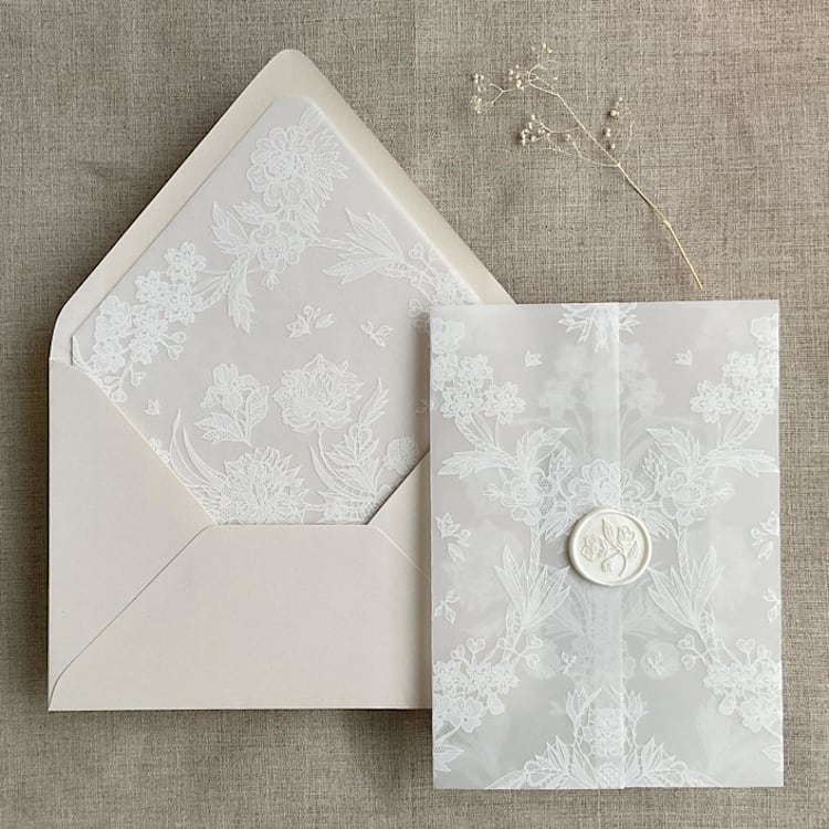 "White venetian lace vellum wrap for 5x7 card + liner for A7 euro envelope" - Envelope Liners in white by Ivory Invitations