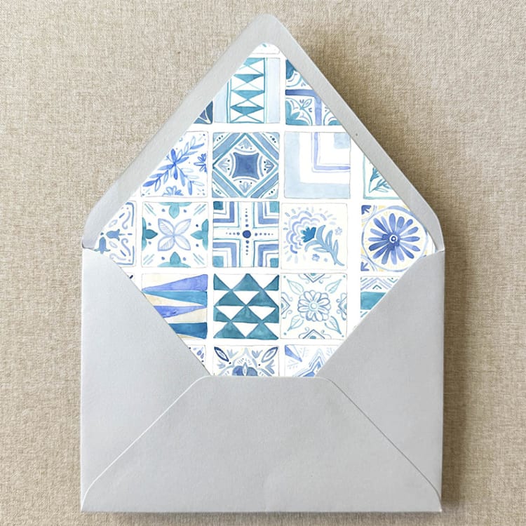"Blue Mexican Mediterranean Tile Envelope Liner | Set of 10 | For 5x7” Invitations" - Envelope Liners in blue by Cotton and Bow