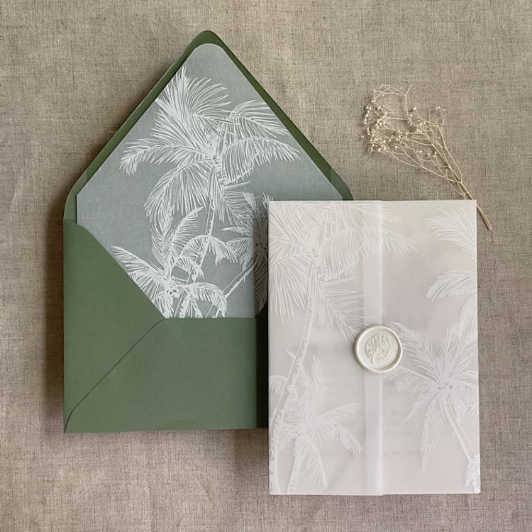 "White palm trees wedding vellum wrap for 5x7 card + liner for A7 euro envelope" - Envelope Liners in white by Ivory Invitations