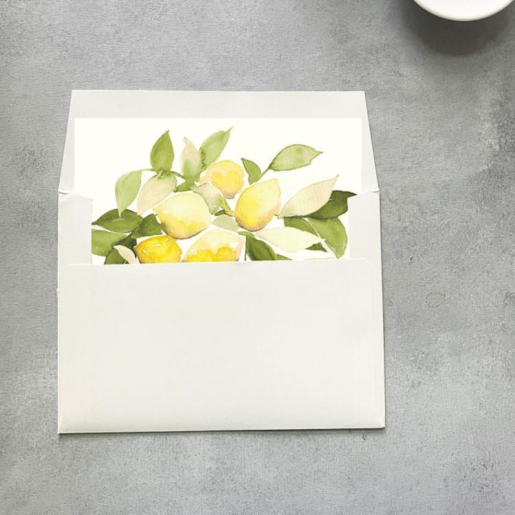 "Lemon Watercolor Square Envelope Liner | Set of 10 | For 5x7” invitations " - Envelope Liners in yellow by Cotton and Bow