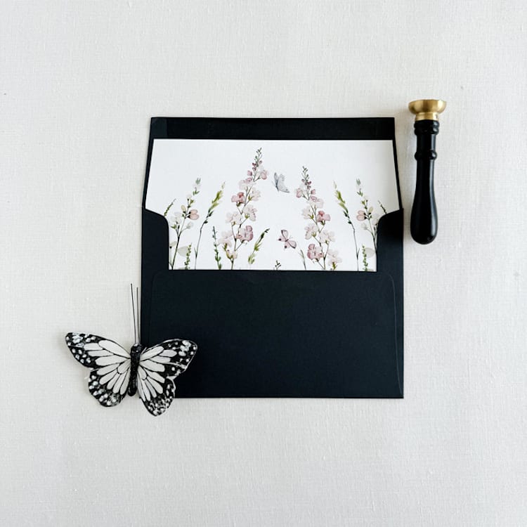 "Elegant Wildflowers and butterfly, Floral Wedding Invitation Envelope 5x 7, Set of 10" - Envelope Liners in pink by Eva Friesen