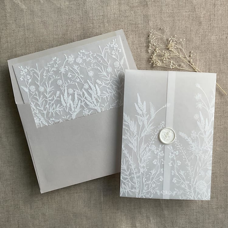 "White English botanical vellum wrap for 5x7 card + liner for A7 square envelope" - Envelope Liners in white by Ivory Invitations