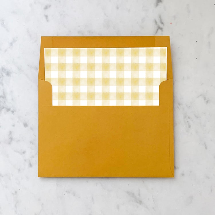 "A7 Envelope Liners Gold Gingham Square Flap (set of 10)" - Envelope Liners in gold by Design by Laney
