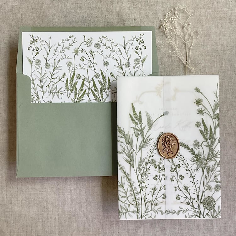 "Moss English botanical vellum wrap for 5x7 card + liner for A7 square envelope" - Envelope Liners in green by Ivory Invitations