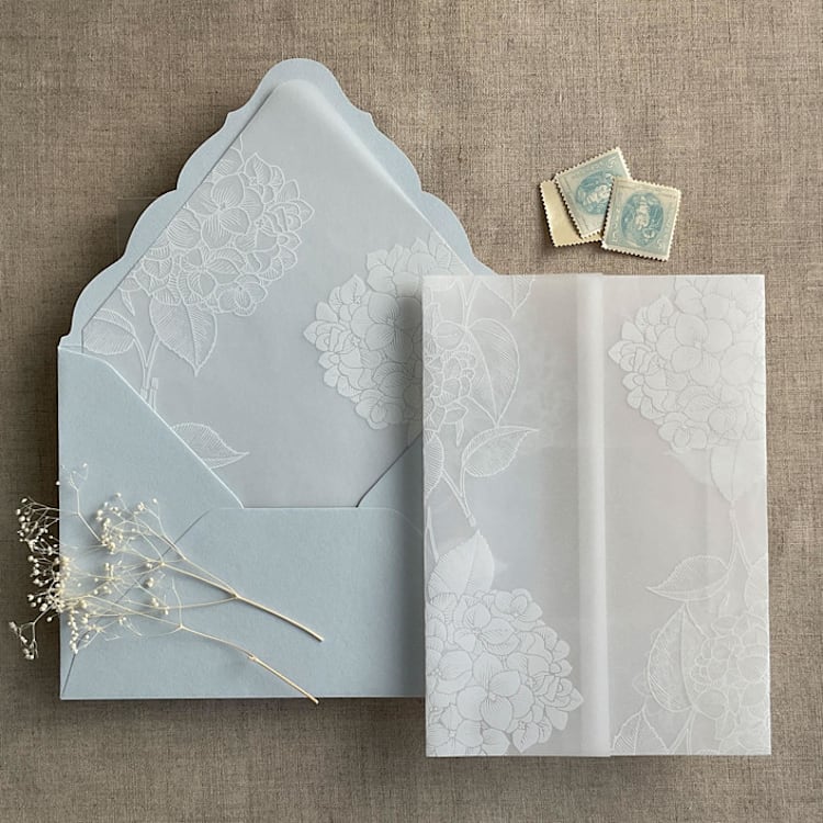 "White hydrangea vellum wrap for 5x7 card + liner for A7 euro envelope | Set of 10" - Envelope Liners in white by Ivory Invitations