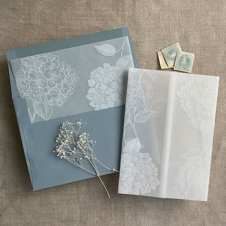"White hydrangea vellum wrap for 5x7 card + liner for A7 square envelope | Set of 10" - Envelope Liners in white by Ivory Invitations