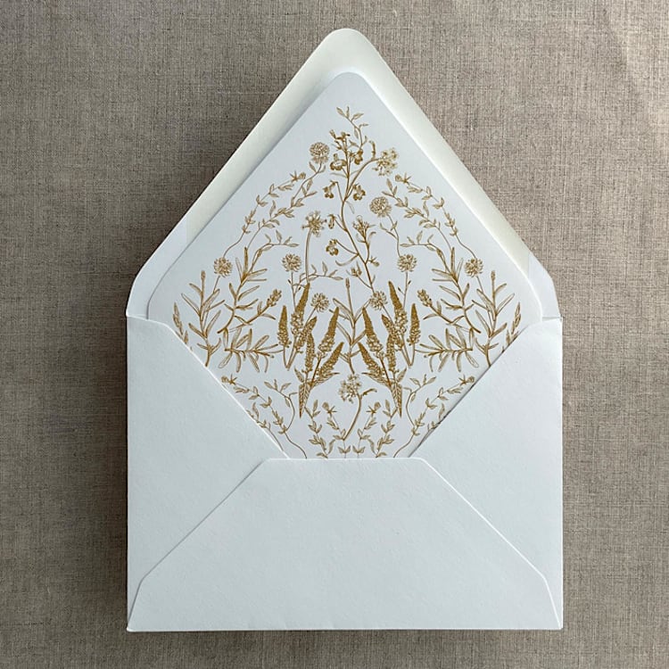 "Gold English botanical garden floral printed liner for A7 euro flap envelope | pack of 10" - Envelope Liners in gold by Ivory Invitations