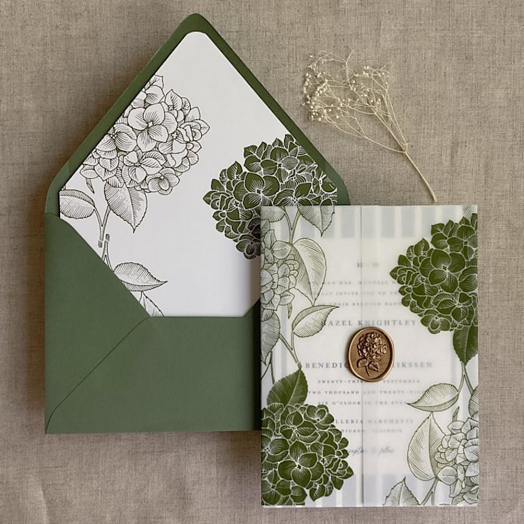 "Moss hydrangea vellum wrap for 5x7 card + liner for A7 euro envelope | Set of 10" - Envelope Liners in green by Ivory Invitations