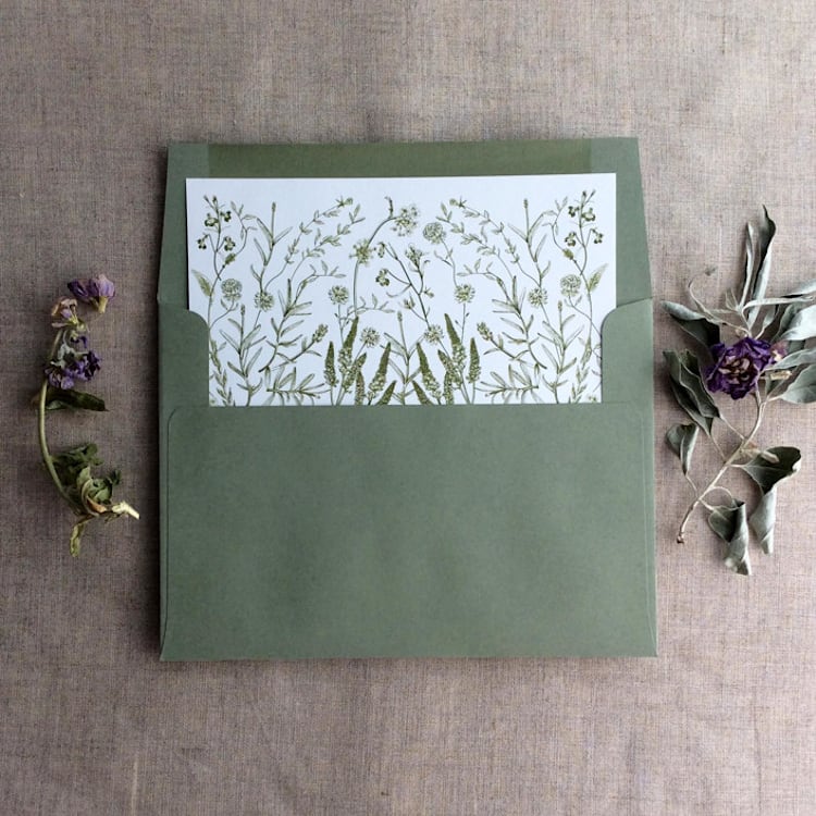 "Moss green English botanical garden floral envelope liner for A7 square flap envelope | pack of 10" - Envelope Liners in green by Ivory Invitations